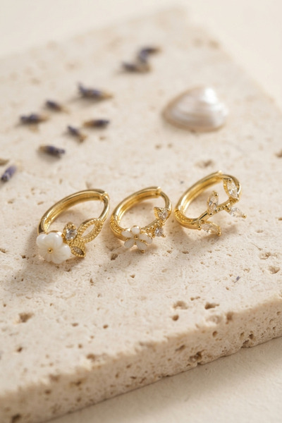 Lisinya Set of 3 Flower Model Gold Color Women's Earrings -