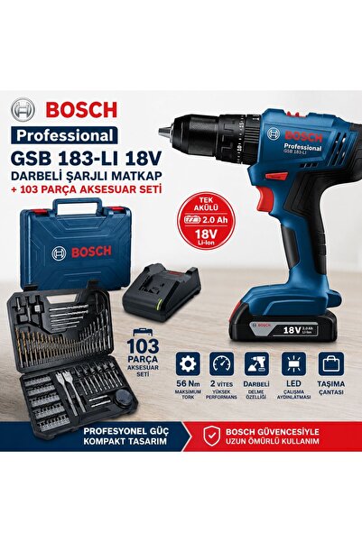 Bosch Gsb 183-LI 18V 2AH Darbeli Tek Akülü Vidalama Şarjlı Matkap ve 103 Parç...