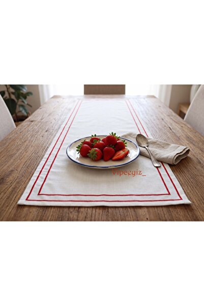 vipceyiz Red Embroidered Striped Patterned Linen Runner (50 cm Width and 120 ...