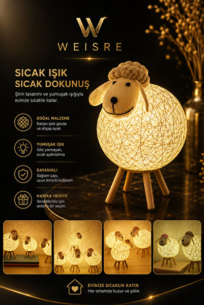 Weisre Kuzu Gece Lambası Rattan Örgü Ahşap Ayaklı Sevimli Dekoratif Led Masa ...