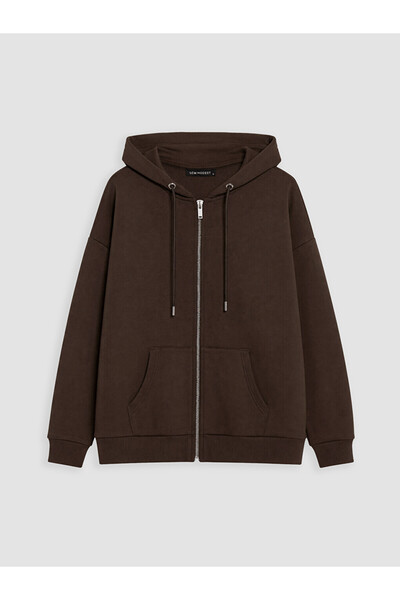 LC Waikiki Brown Hooded Oversize Women's Thick Zippered Sweatshirt
