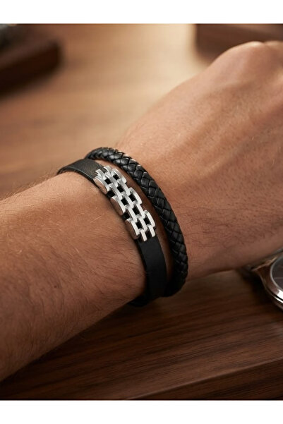 Feronnucci Unisex Combination Pu Leather Bracelet Black Steel Mesh Leather Br...