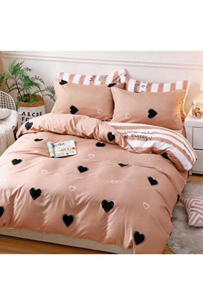 decorami Lenjerie pat dublu cu Elastic, bumbac satinat, Pudra, inimioare