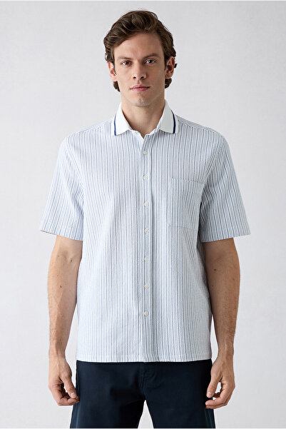 Kiğılı Short Sleeve Boxy Fit Pocketed Cotton Striped Seersucker Shirt