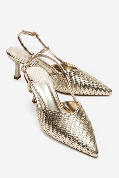 LuviShoes حذاء ماڤيرو ذهبي محبوك بكعب عالٍ للنساء