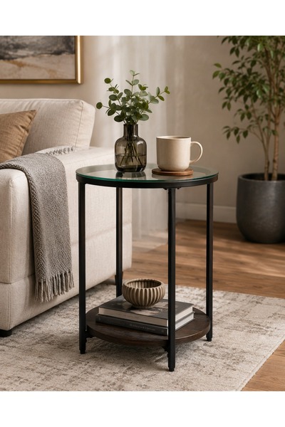 N.zone Modern Round Side Table with Transparent Glass Top and Wooden Bottom S...