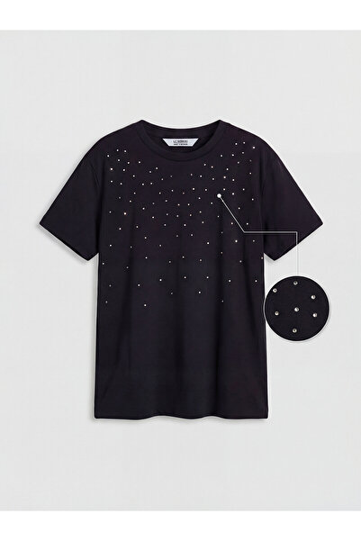 LC Waikiki Trendlucky Girls' T-Shirt with Oval Collar and Stones