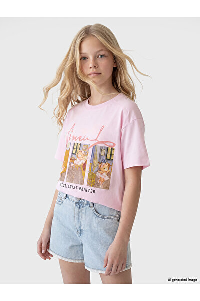 LC Waikiki Trendlucky Girls' T-Shirt with Oval Collar and Printed Design