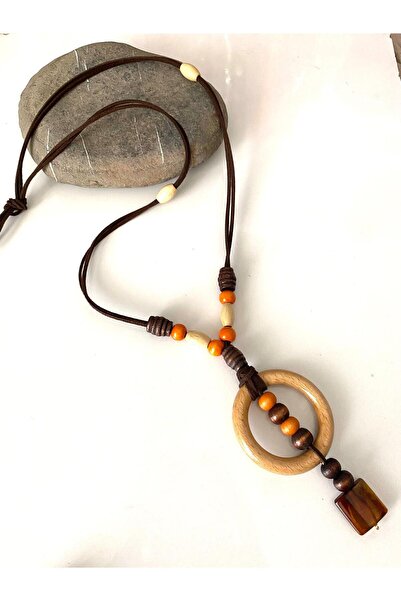 Canan Design Bohem Suede Necklace with Wooden Rings (Special Design) Dark Brown