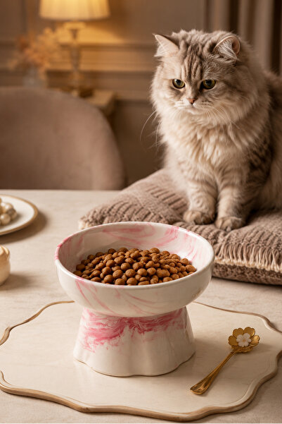 Pawicci 2-Li 12° Eğimli Seramik Marble Pink Kedi Kopek Mama ve Su Kabı Yükseltilmiş Boyun Rahatligi Omurga Destekleyici Set