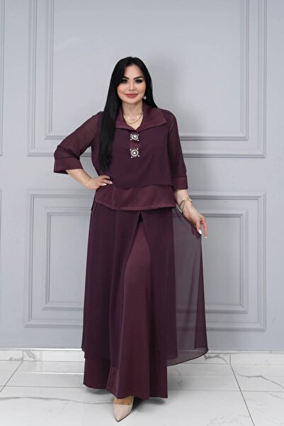 mardi exclusive طقم نسائي مقاس كبير من قميص وبنطلون من الساتان الشيفون مزين ب...