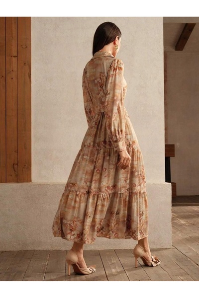 NO BRAND Rochie multicoloră midi, cu mâneci lungi, cu curea, cu guler, ANEWST...