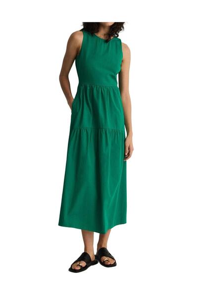 NO BRAND Rochie Midaxi din bumbac verde, simplă, trapezoidală, cu decupaje, m...