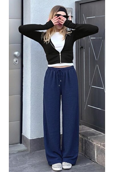 DAMGA JEANS Γυναικείο λινό παντελόνι με φαρδιά μπατζάκια σε σκούρο μπλε χρώμα...