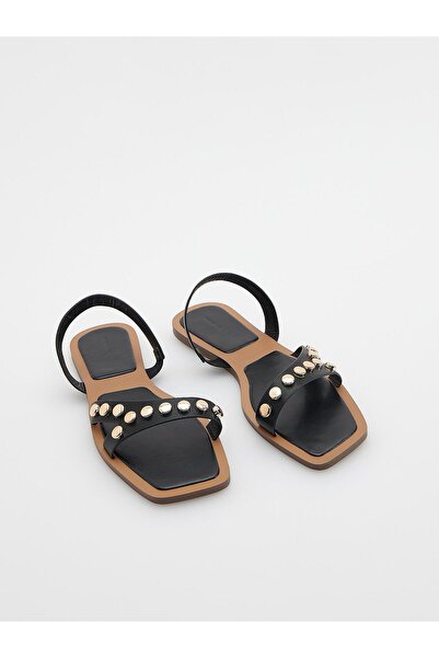 NO BRAND Sandale negre din piele, cu decorațiuni tip bijuterie, tip slip-on, ...