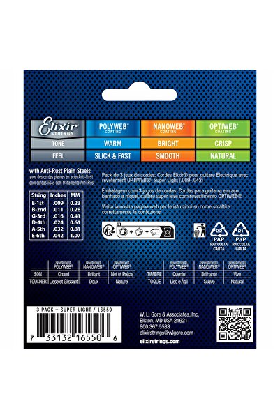 NO BRAND Elixir 16550 Optiweb Super Light 3X9-42 Corzi de chitară electrică P...