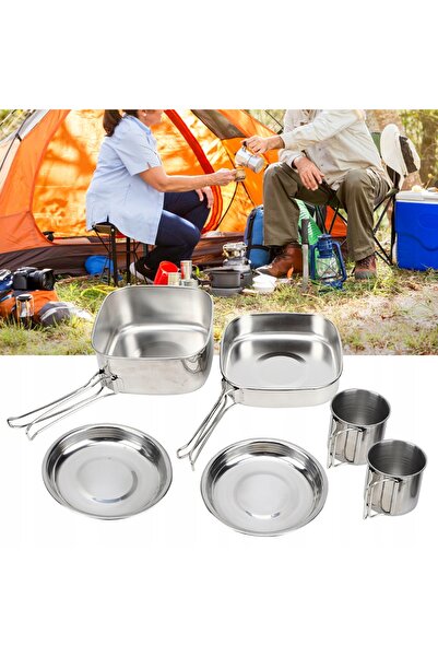 NO BRAND Set de 6 piese pentru gătit în camping: tigăi, cană, oală din oțel i...
