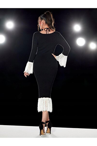 NO BRAND Rochie midi mulată tricotată neagră cu dantelă albă Shein 38