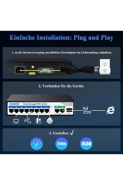 NO BRAND Goalake Ps308G Switch PoE cu 8 porturi, 120W, 802.3Af/At, LAN VLAN