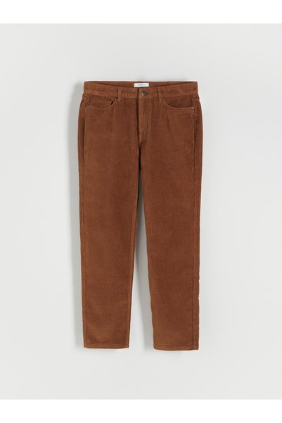 NO BRAND Pantaloni lungi din catifea reiată maro, din bumbac, croială normală...