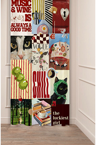 GREENDECOR Müzik Temalı Retro Plak ve Kedi Baskılı Sanatsal Fon Perde Dijital...