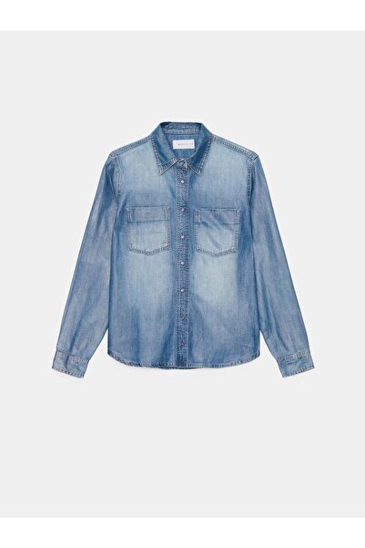 NO BRAND Cămașă din denim cerat albastru, mâneci lungi, buzunare, guler, 36