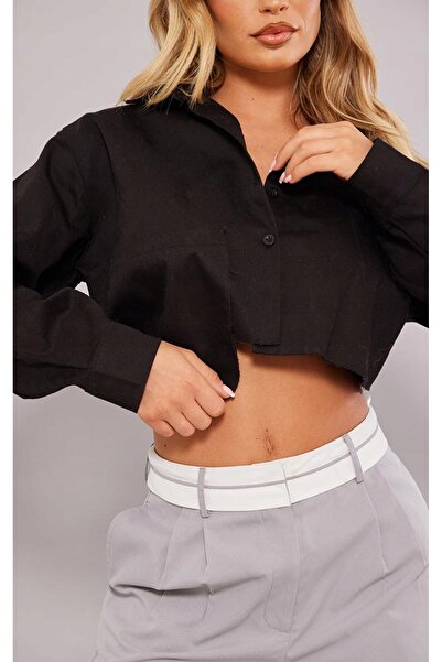 NO BRAND Prettylittlething 40 Cămașă scurtă neagră, lejeră, cu buzunar, din b...