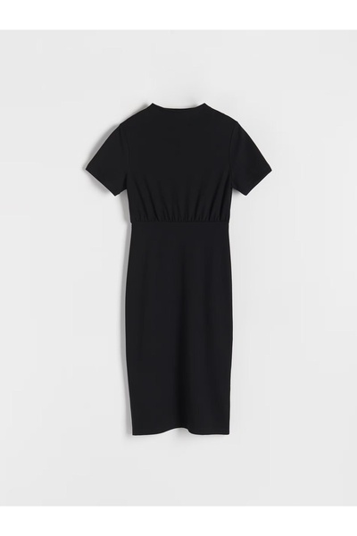 NO BRAND Rochie midi neagră, tip creion, din viscoză, cu mânecă scurtă și gul...