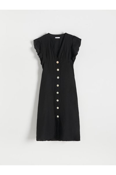 NO BRAND Rochie clasică neagră, trapezoidală, midi, din in, cu nasturi și vol...