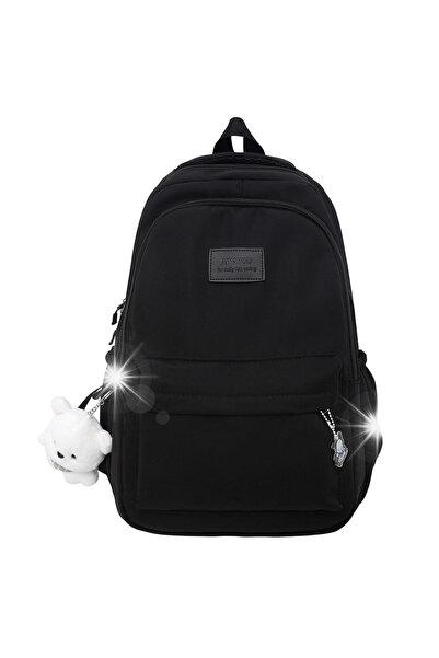 NO BRAND Rucsac ușor negru pentru tineret, sport și școală + Breloc ursuleț