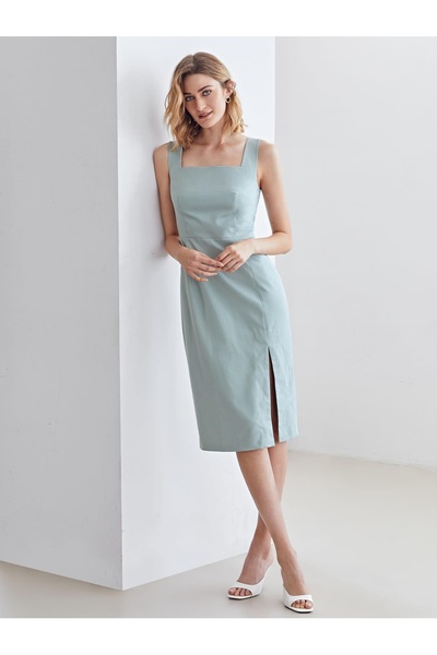 NO BRAND Rochie midi dreaptă gri, culoare uni clasică, cu bretele și șliț, MO...