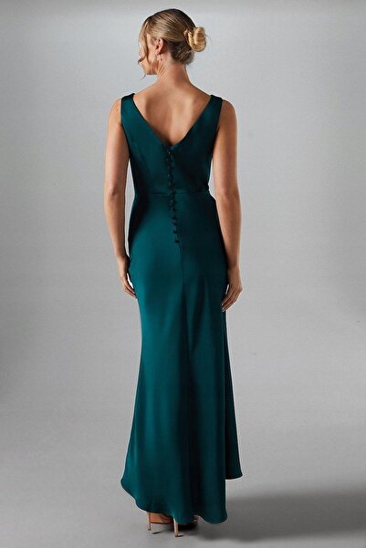 NO BRAND Rochie verde închisă, din satin, maxi, netedă, cu nasturi decorativi...