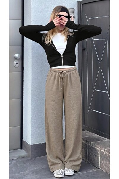 DAMGA JEANS Γυναικείο λινό παντελόνι με φαρδιά μπατζάκια, υφή βιζόν, στυλ Pal...
