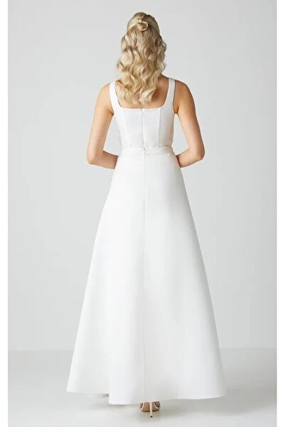NO BRAND Rochie Maxi Albă Netedă cu Trenă, Bretele Late, Fermoar, Coast 44