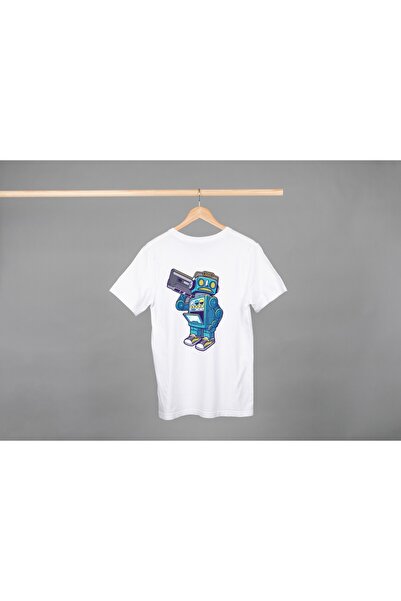 Noname Tricou Unisex Bumbac Premium Casual " Sticker robot " Inscriptie