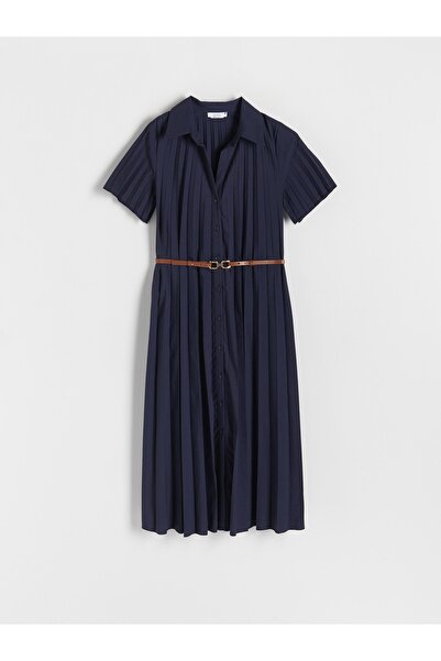 NO BRAND Rochie midi plisată bleumarin cu bretele, cu nasturi, croială în A, ...