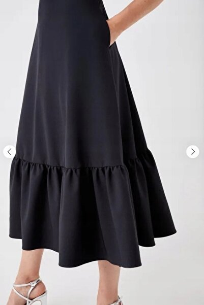 NO BRAND Rochie midi neagră, cu mânecă scurtă, cu volane, netedă, evazată, Co...