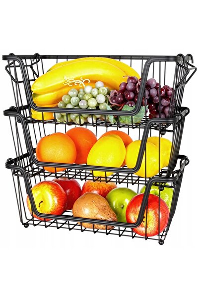 Vilde Coș cu 3 niveluri pentru fructe și legume, metalic, negru, Patera