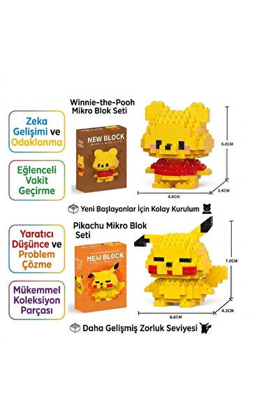 New Block Winnie The Pooh Ve Pikachu 2'li Mikro Blok Yapım Seti - Eğitici Zek...