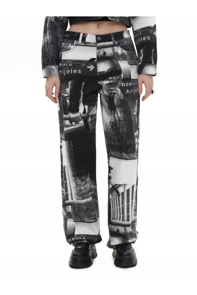 NO BRAND Pantaloni cu model alb-negru, croială dreaptă, lungi, din bumbac, 32