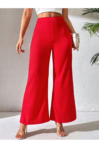 NO BRAND Pantaloni lungi roșii, netezi, cu talie înaltă, cu fermoar, croială ...