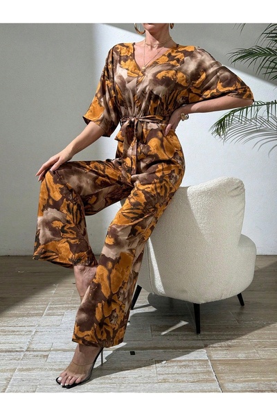 NO BRAND Combinație maro cu model, cu legătură, croială dreaptă, curea, Shein 36