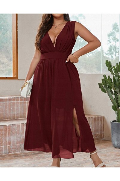 NO BRAND Rochie de cocktail bordo, decolteu în V, cu șliț, lungă, cu fermoar,...