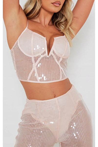NO BRAND Prettylittlething Pantaloni cu talie înaltă, roz, cu paiete, sclipit...