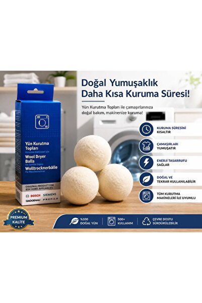 Bosch Siemens Profilo Orijinal Yün Kurutma Topu 3’lü Set – Doğal Yün Dryer Ba...
