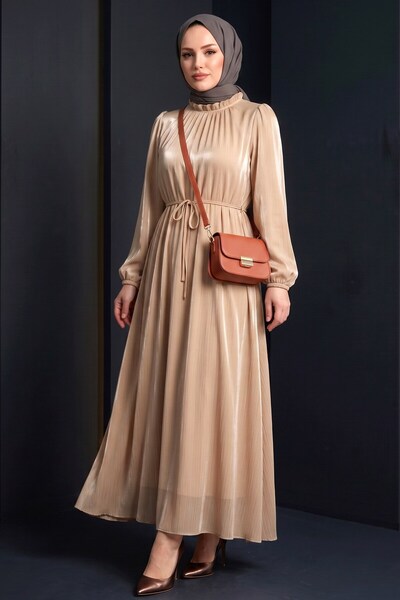 hadiora Beige Balloon Sleeve Sparkling Evening Dress - Belted Long Hijab Styl...