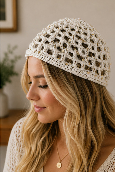 Modex Yellow Sequin Detail Mesh Hand Knitted Design Beanie