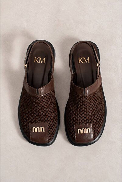 KM shoes Kadın Kahverengi Örgü Detaylı Rahat Sandalet