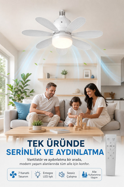 ROBO LED Işıklı Tavan Vantilatörü – 40 cm, 7 Kanat, E27 Duy, Uzaktan Kumandalı