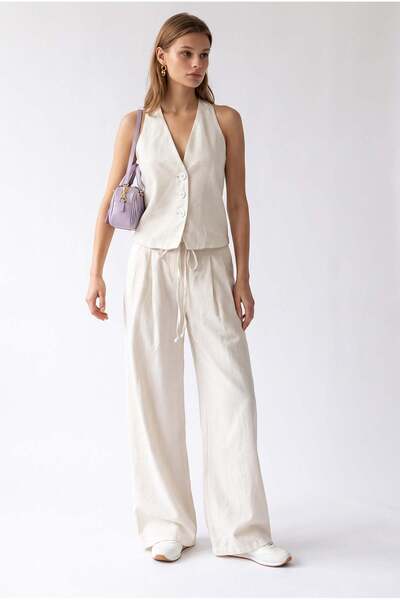 Mixray 2193 Women's Buttoned V-Neck Vest Wide Leg Pants Set Natural
